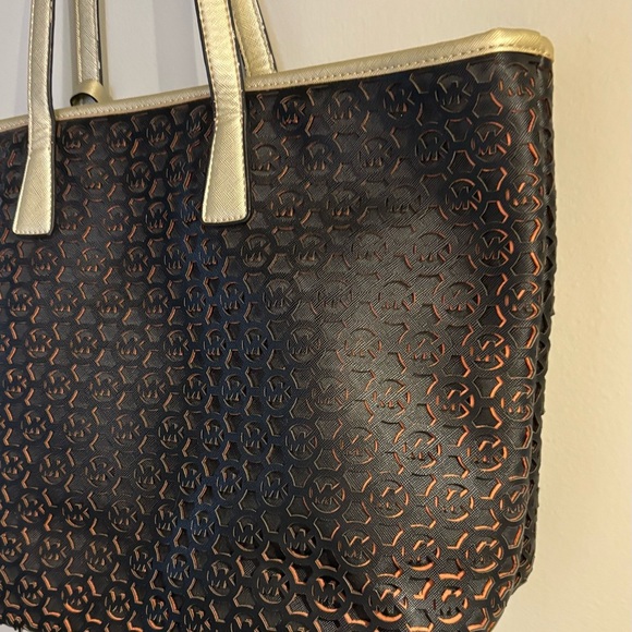 Michael Kors| Black & Gold “Jet Set” Perforated Monogram Large Tote Carryall Bag - Picture 6 of 7